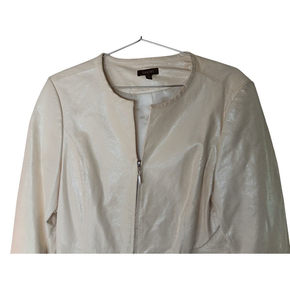 Tesori Womens Jacket Sz L Beige Cream Textured Leather Zip Front Pockets Lined - Picture 8 of 16